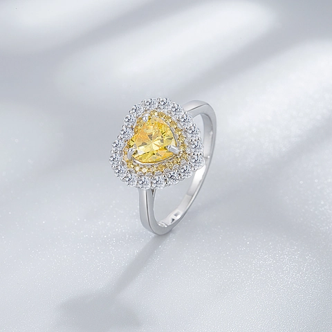 925 Sterling Silver Heart Ring For Women Elegant Pink Yellow Rhinestone Inlaid Ice Flower Cut Engagement Jewelry Gift