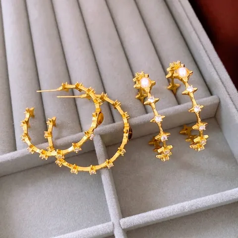 C-Shaped Hoop Earrings With 925 Sterling Silver Earring Post Retro Gold Plated Tiger Eye Stone Artificial Pearl Zircon Jewelry For Women