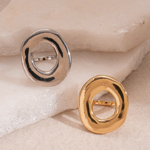Anillo De Aleación Redondo Hueco Geométrico Irregular Tonos Oro Plata Estilo Metal Líquido Minimalista Para Mujeres