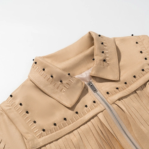 Women Faux Suede Fringe Jacket Western Cowboy Style Studded Tassel Zipper Lapel Long Sleeve Coat Bohemian