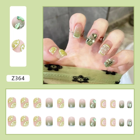 Summer Green Lime Slices Press On Nails Gradient Glitter 3D Heart Rhinestones Square False Nails Glossy Finish Elegant