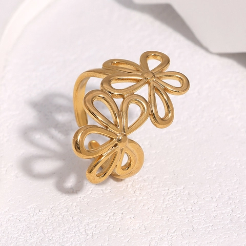 Double Hollow Flower Open Adjustable Ring Stainless Steel 18K Gold Plated Floral Fashion Jewelry For Women Elegant