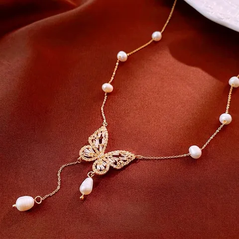 Collana Con Pendente A Farfalla Perla D'acqua Dolce Rame Zirconia Cubica Gioielli Eleganti Vintage Francese Per Donna