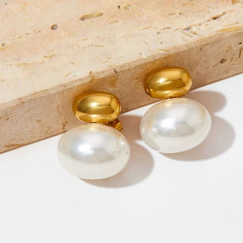 Franse Retro Roestvrijstalen Kunstparel Oorbellen Minimalistisch Goud Zilver Kleur Kleine Boon Ontwerp Dames Mode