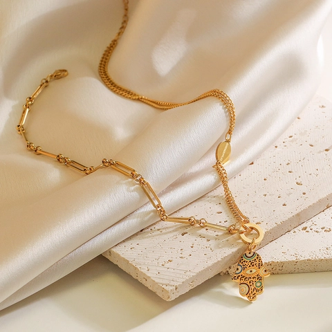 Hamsa Hand Böser Blick Herz Anhänger Halskette Edelstahl 18K Vergoldet Asymmetrische Büroklammerkette Schmuck Damen