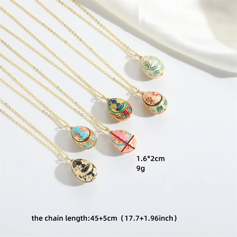 Vintage Fabergé Style Enamel Egg Pendant Necklace For Women Retro Floral Carved Gold Plated Copper Chain Fashion Jewelry Gift