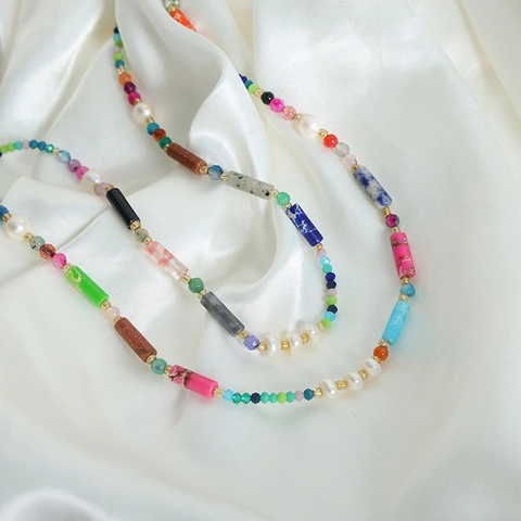 Collana Di Perline In Pietra Naturale Colorata Boema Con Perla Deau Dolce Catena In Acciaio Al Titanio Gioiello Artigianale