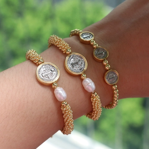 Bracciale Medaglia San Benedetto Religioso Con Perla Artificial Barocca Perline In Rame Metallo Gioielli Retro Regolabili Donne