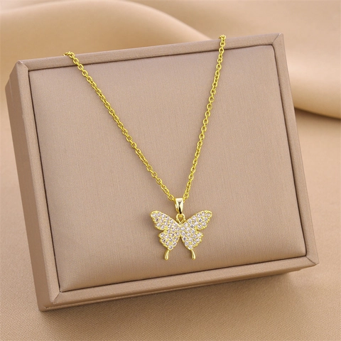 Collier Pendentif Papillon Acier Titane Zircone Cubique Pavé Bijoux De Luxe Pour Femmes Couleur Durable