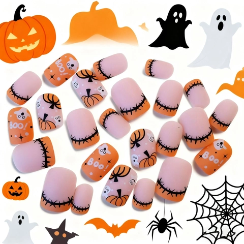 Halloween Press On Nails Pumpkin Ghost Patterns Matte Frosted Short Square French Style Artificial False Fingernails