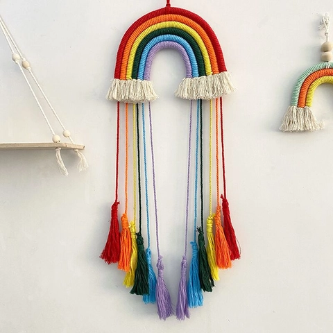 Décoration Murale Arc-en-Ciel Tissée à la Main Corde Coton Frange Bohème Chambre Bébé Maison