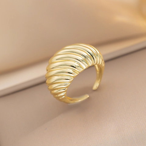 Croissant Open Ring Ribbed Textured Copper Gold Plated French Retro Minimalist Adjustable Finger Jewelry For Women