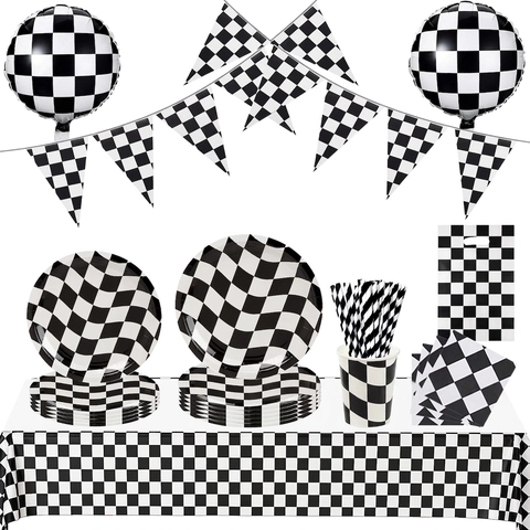 Racing Checkered Flag Theme Party Tableware Banners Napkins Tablecloth Cups Straws Bags Paper Plastic Kids Birthday Decoration