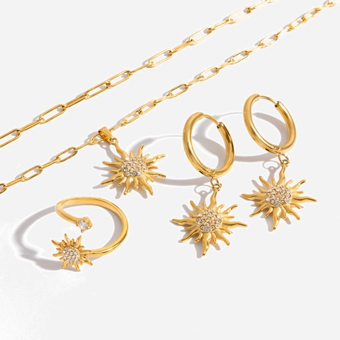 Sonnen Halskette Creolen Ring Edelstahl Vergoldet Strass Sonnenform Mode Luxus Accessoires Damen Wasserdicht Hypoallergen