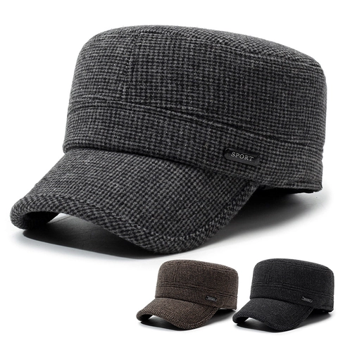 Herren Flat Top Mütze Baumwolle Wolle Warm Winter Militär Hut Faltbarer Ohrenschutz Verstellbar Sport Casual Cadet Kappe