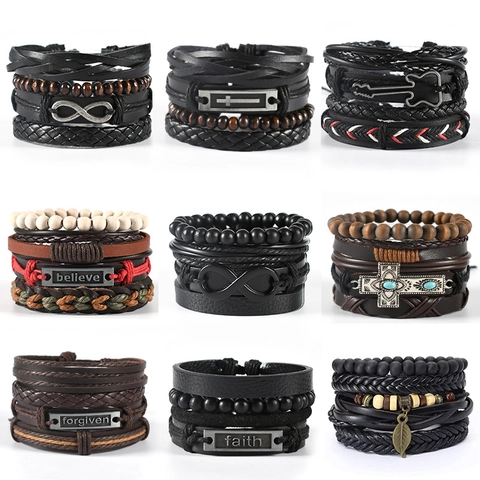 Wickel Lederarmband Vintage Geflochtene Holzperlen Unendlichkeit Kreuz Gitarre Anhänger Punk Stil Für Männer