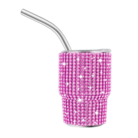 Mini Rhinestone Tumbler Stainless Steel Vacuum Insulated Shot Glass With Straw And Lid Portable Bling Sparkling Cup