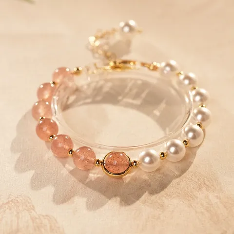 Pulsera De Cuentas De Cristal De Fresa Y Perla Artificial De Imitacion Cobre Chapado En Oro Ajustable Dulce Joyeria De Mujer