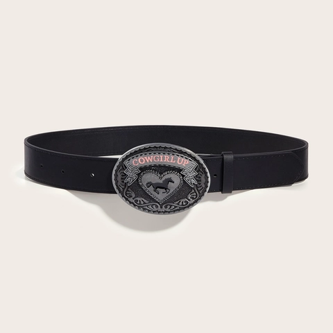 Western Cowboy Belt Women PU Leather Large Oval Buckle Heart Horse Pattern Cowgirl Up Punk Hip Hop Waistband Black