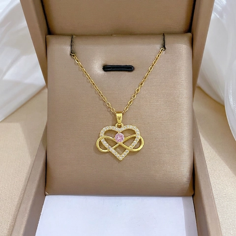 Herz Unendlichkeit Anhänger Halskette Rosa Zirkon Weißer Strass Aus Kupfer Edelstahl Goldton Für Damen