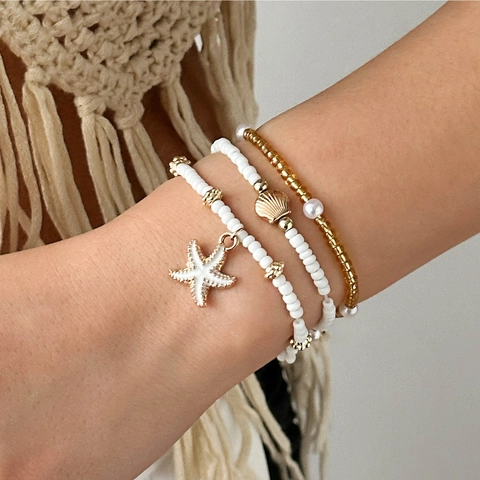 Starfish Shell Pendant Layered Necklace Bracelet Anklet Waist Chain Ocean Beach Summer Style Alloy Beads Faux Artificial Pearl