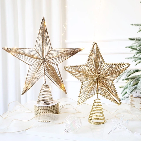 Christmas Tree Topper Star Bow Glitter Iron Sequin LED Glowing Ornament Holiday Party Home Decor Festive Elegant Luxury
