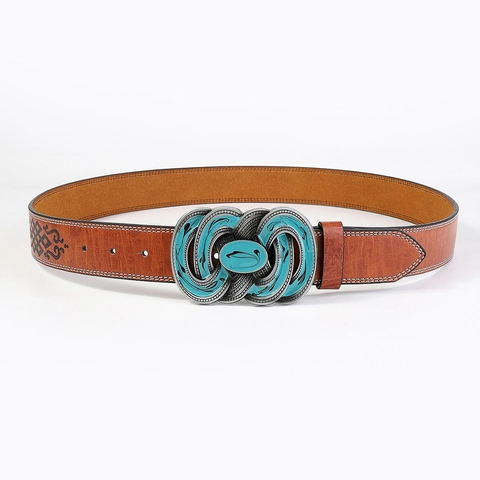 Cintura in Pelle PU Western Vintage per Donna Motivi Goffrati Fibbia in Lega Turchese Decorativa Moda Cintura Cowgirl Jeans