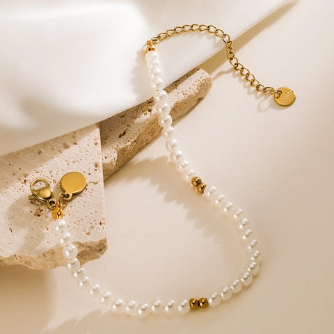 Pulsera de Cadena de Acero Inoxidable Chapado en Oro de 18K Con Perlas Artificiales para Mujer Joyería Geométrica
