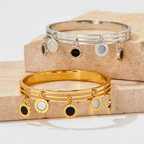 Stainless Steel Bangle For Women With Triple Layer Parallel Rings And Roman Numeral Shell Dangle Pendants Fashion Jewelry