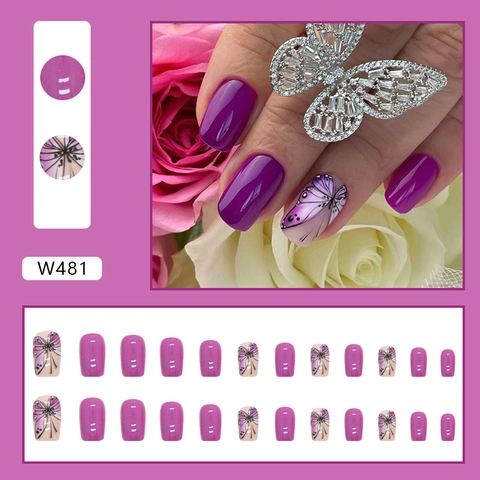 Purple Gradient Press On Nails With Butterfly Pattern Glossy Square Artificial False Nails For Women Fashion Manicure