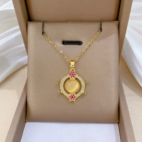 Vintage Vergoldete Edelstahlkette Halskette Mit Rundem Katzenauge Stein Kupfer Anhänger Rhinestone Zirkon Inlay Damen Schmuck