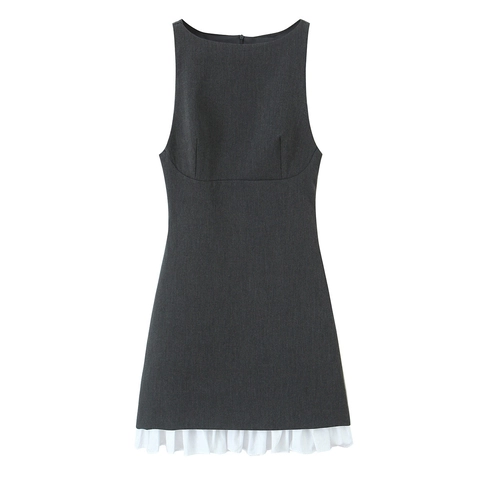 Vestito Corto Senza Maniche Linea A Donna Grigio Poliestere Tessuto Elegante Orlo Volant Bianco Stile Ufficio