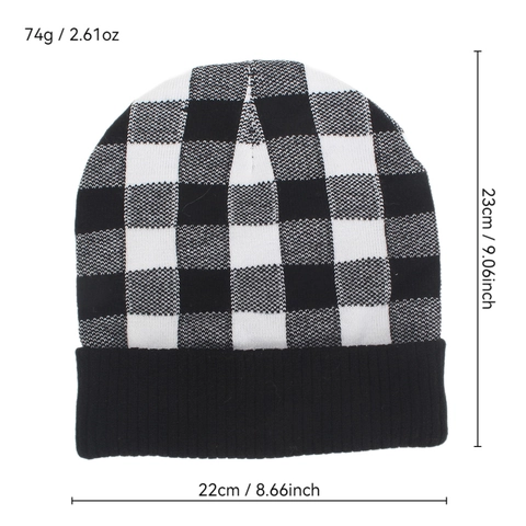 Knit Beanie Hat Women Acrylic Buffalo Plaid Checkerboard Pattern Folded Cuff Warm Winter Autumn Outdoor Windproof