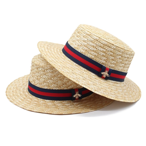 Vintage Boater Hat Natural Wheat Straw Wide Brim Sun Protection Vacation Beach Elegant Striped Ribbon Metal Bee Decor