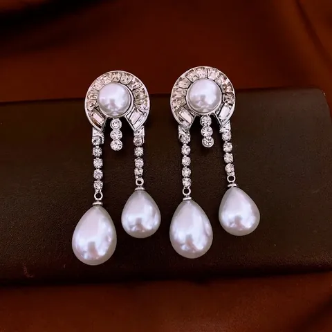 Retro Palace Style Faux Artificial Pearl Drop Dangle Earrings With Crystal Rhinestone And 925 Sterling Silver Earring Post For Women