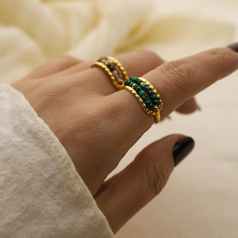 Vintage Edelstahl Verstellbarer Offener Ring Für Damen Natur Malachit Turmalin Stein Perlen Fingerring Modeschmuck