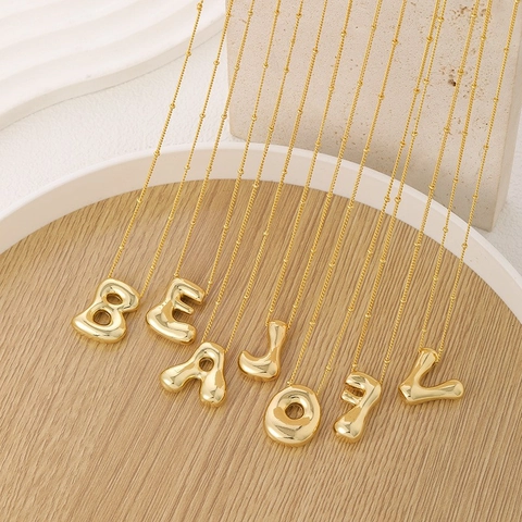 Fashion Copper 18K Gold Plated Zirconia Bubble Letter Pendant Necklace Personalized Puffy Alphabet Initial Necklace For Women Jewelry