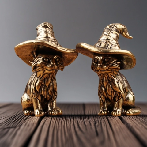 Statuetta Gatto Mago In Ottone In Miniatura Statua Gattino In Rame Solido Retrò Ornamento Da Scrivania Tema Magico Decorazioni Per La Casa
