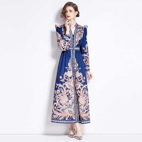 Dames Retro Court Stijl Maxi Jurk Met V Hals Paisley Print Lange Lantaarnmouwen Hoge Taille Polyester Boheems
