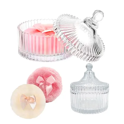 Houppette En Peluche Avec Nœud Papillon Bocal De Rangement En Verre Strié Éponge De Maquillage Douce Applicateur Pour Poudre Libre