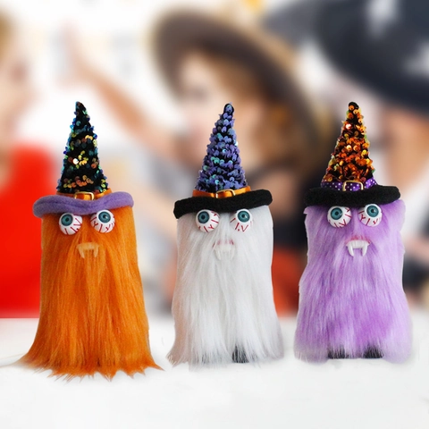 Bambola Gnomo Vampiro Halloween Ornamento Mostro Di Peluche Con Cappello Da Strega Di Paillettes Per Decorazione Di Feste
