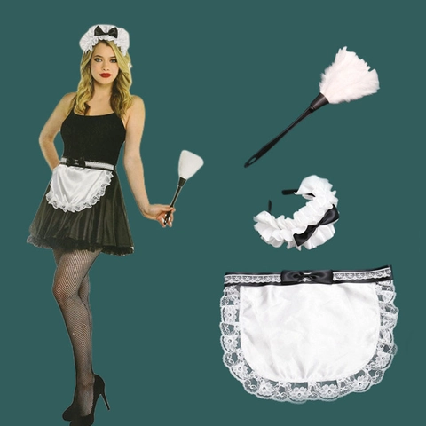 Accessori Per Cosplay Da Cameriera Grembiule In Pizzo Di Raso Fascia Con Fiocco E Piumino Gioco Ruolo Halloween