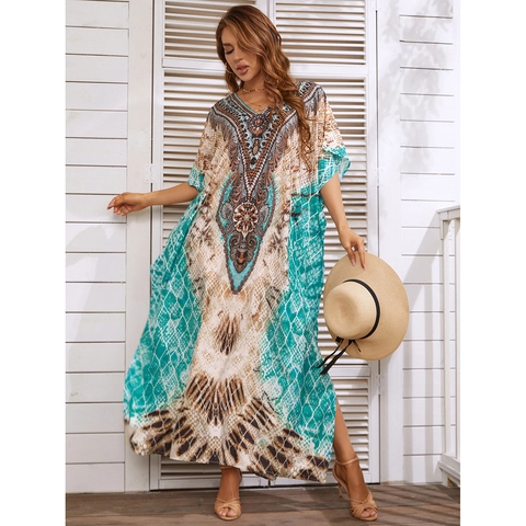 Bohemian Print Kaftan Maxi Kleid V-Ausschnitt Fledermausärmel Lose Schnelltrocknend Strand Cover-Up Damen Resort Wear
