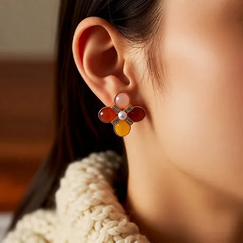 Pendientes De Botón De Flor Vintage Resina Colorida Perla Artificial Circonita Aleación Bañada En Oro Con Poste De Plata