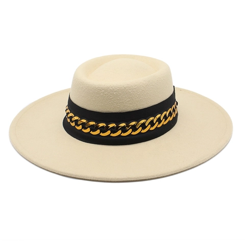 Elegant Woolen Fedora Hat Wide Brim Gold Metal Chain Black Ribbon Flat Top Classic Solid Color Party Wedding For Women Men