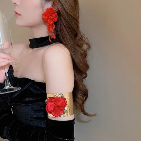 Red Fabric Rose Flower Bangle Armlet Tassel Drop Earrings With 925 Sterling Silver Earring Post Retro Gold Metal Women