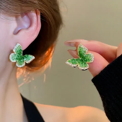 Orecchini A Lobo Farfalla Con Cristallo Verde E Zircone Placcati In Oro 18K Gioielli Eleganti Con Perno In Argento Per Donna