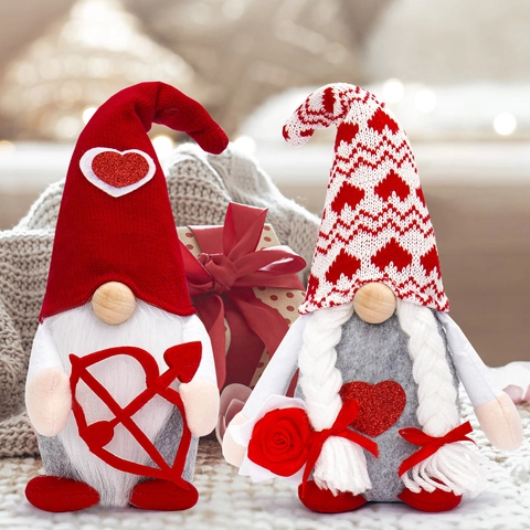 Valentine Gnome Plush Doll Handmade Fabric Knit Nordic Faceless Old Man Heart Bow Rose Home Decor Desktop Ornament Romantic Gift