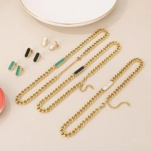 Collar Y Pendientes De Acero Inoxidable Joyería Chapado En Oro Colgante Rectangular Malaquita Concha Cadena Cubana Moda Mujer