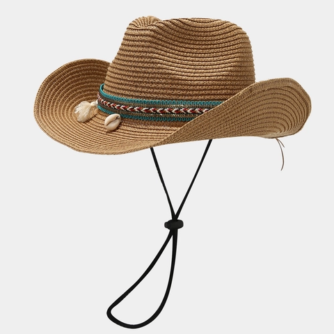 Bohemian Straw Cowboy Hat With Shell Tassel Sun Protection Beach Vacation Western Style Breathable For Women